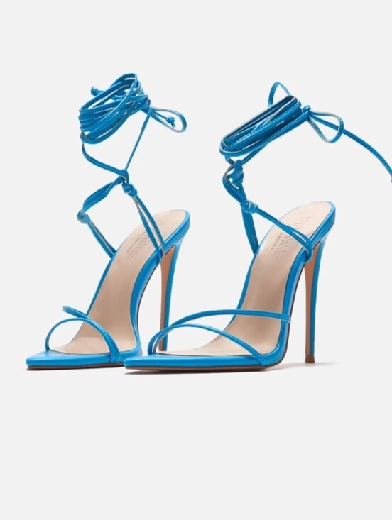 Femme Los Angeles Shoes - Femme LA Kika Lace Up Blue Strappy Stiletto Sandals with Ankle Wrap Size 42